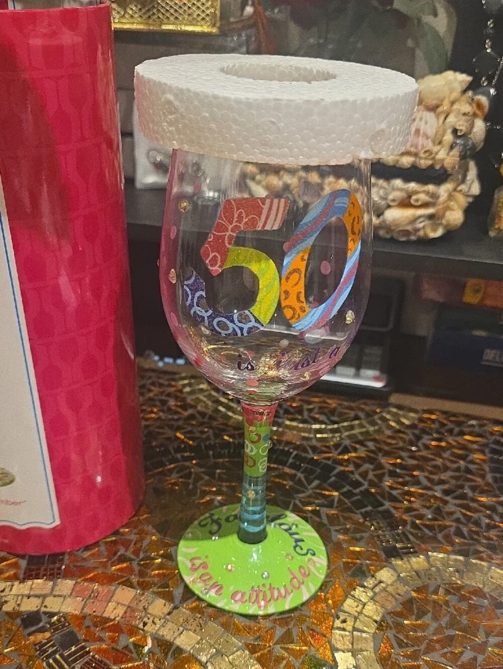 LOLITA Pink and Blue '50 Is Just a Number' Hand-Painted Wine Glass